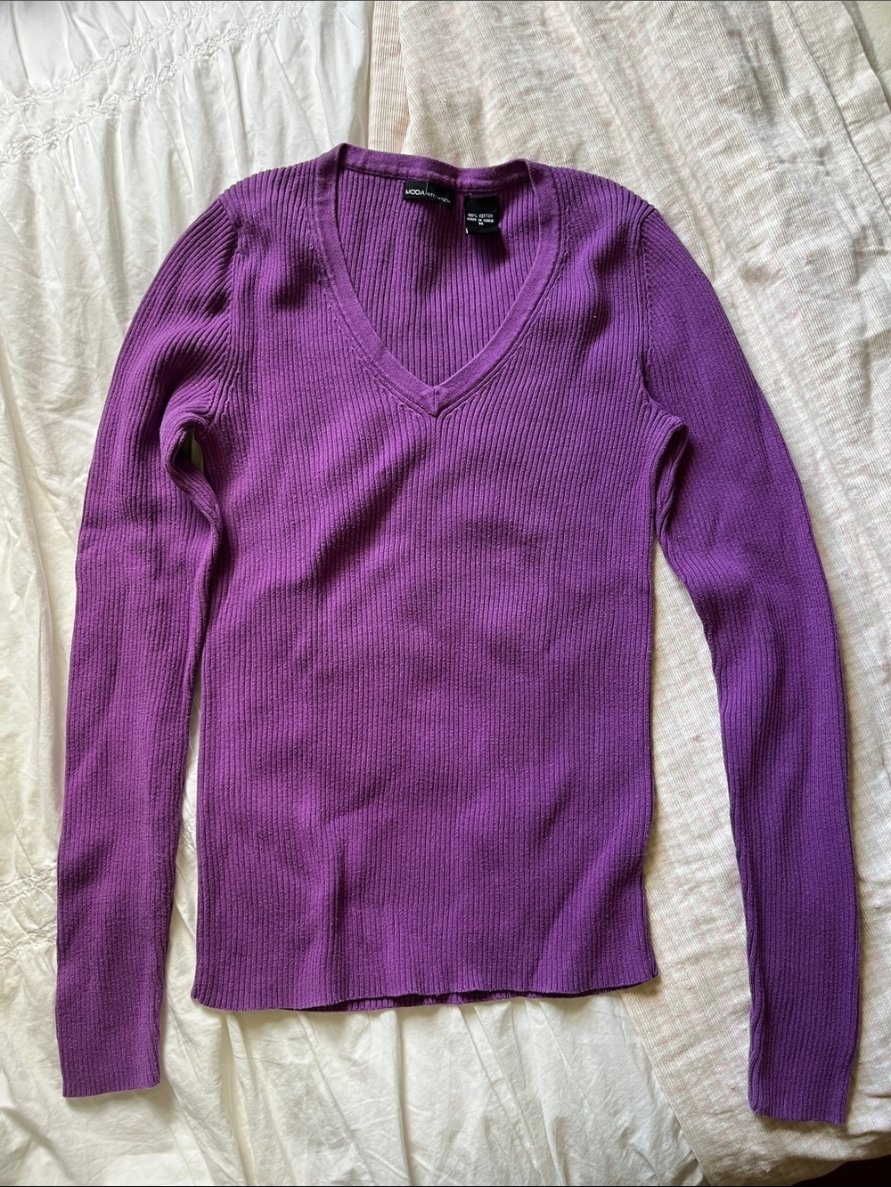 100% cotton sweater Deep Purple Ribbed V-Neck